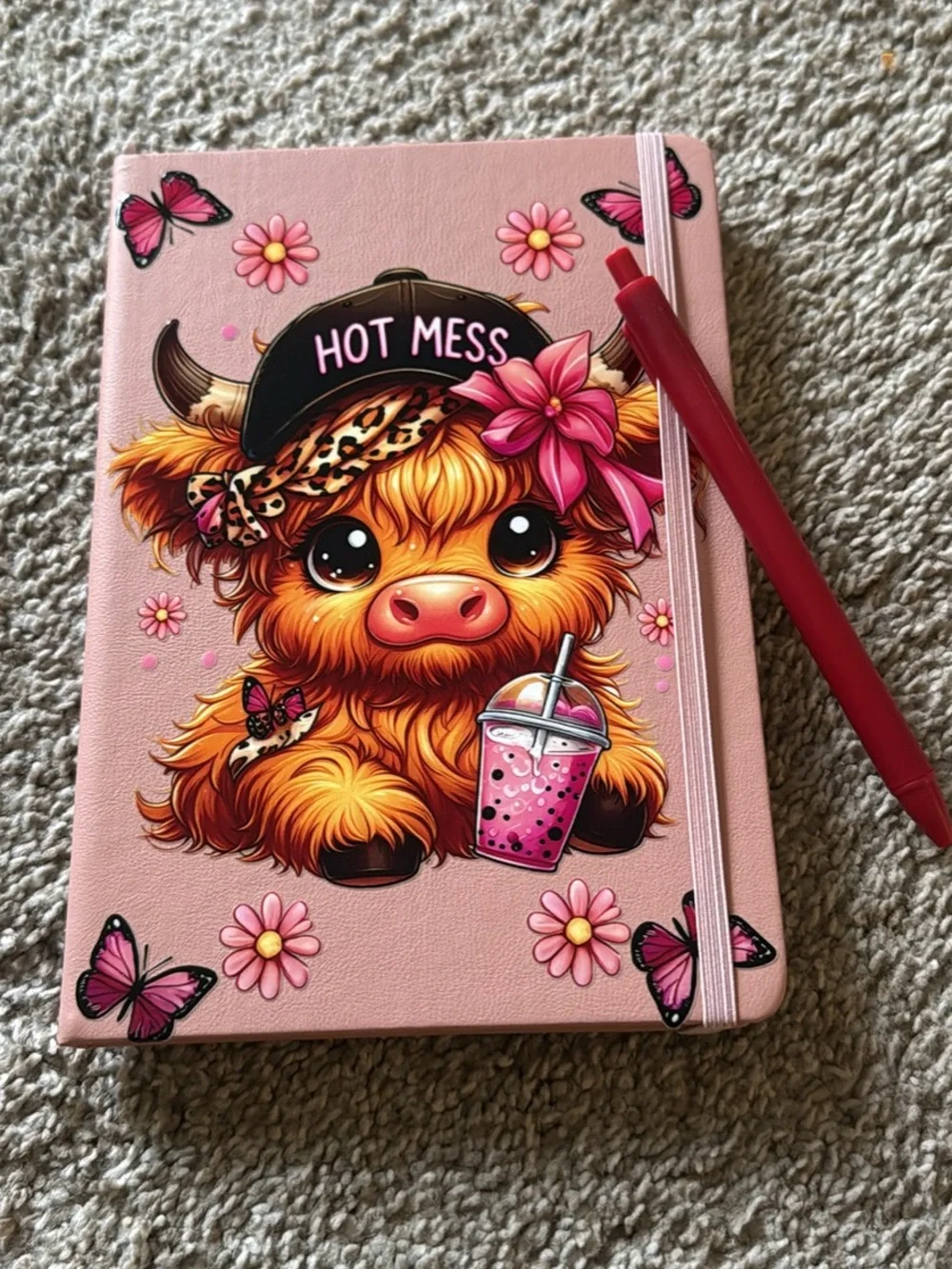 Pink 'Hot Mess' Cute Highland Cow Notebook for Kids Made by Dena’s Design’s